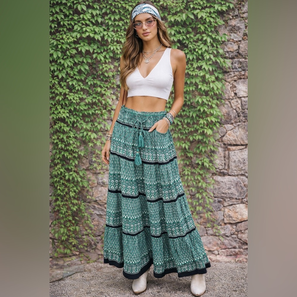 M.A.B.E. Mari Boho Patterned Green Shirred Maxi Skirt, M - Picture 2 of 16